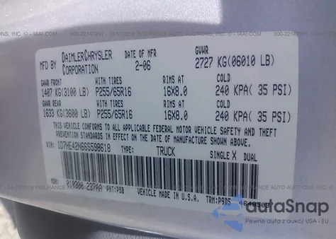 2006 Dodge Dakota Slt z USA, uszkodzony, nr VIN 1D7HE42N66S598618